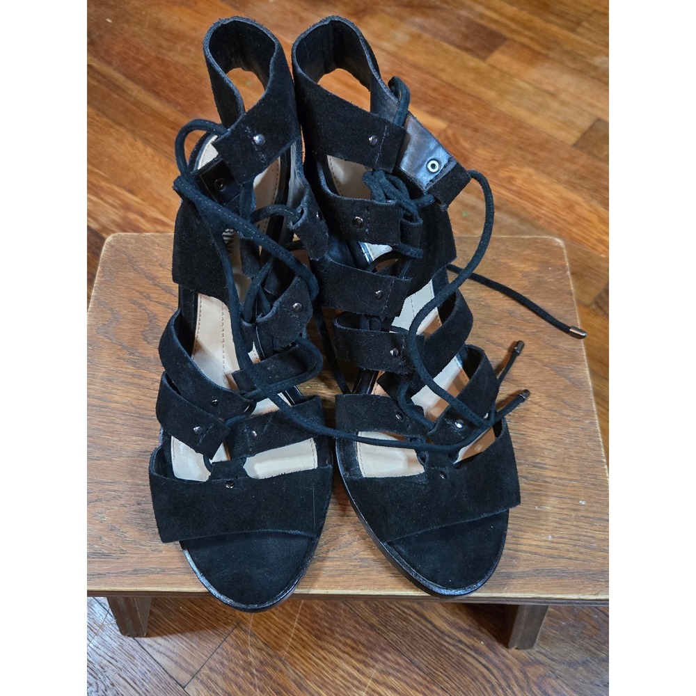 Gianni Bini Black Suede Lace Up Gladiator Block Heel Sandals Womens 8.5M